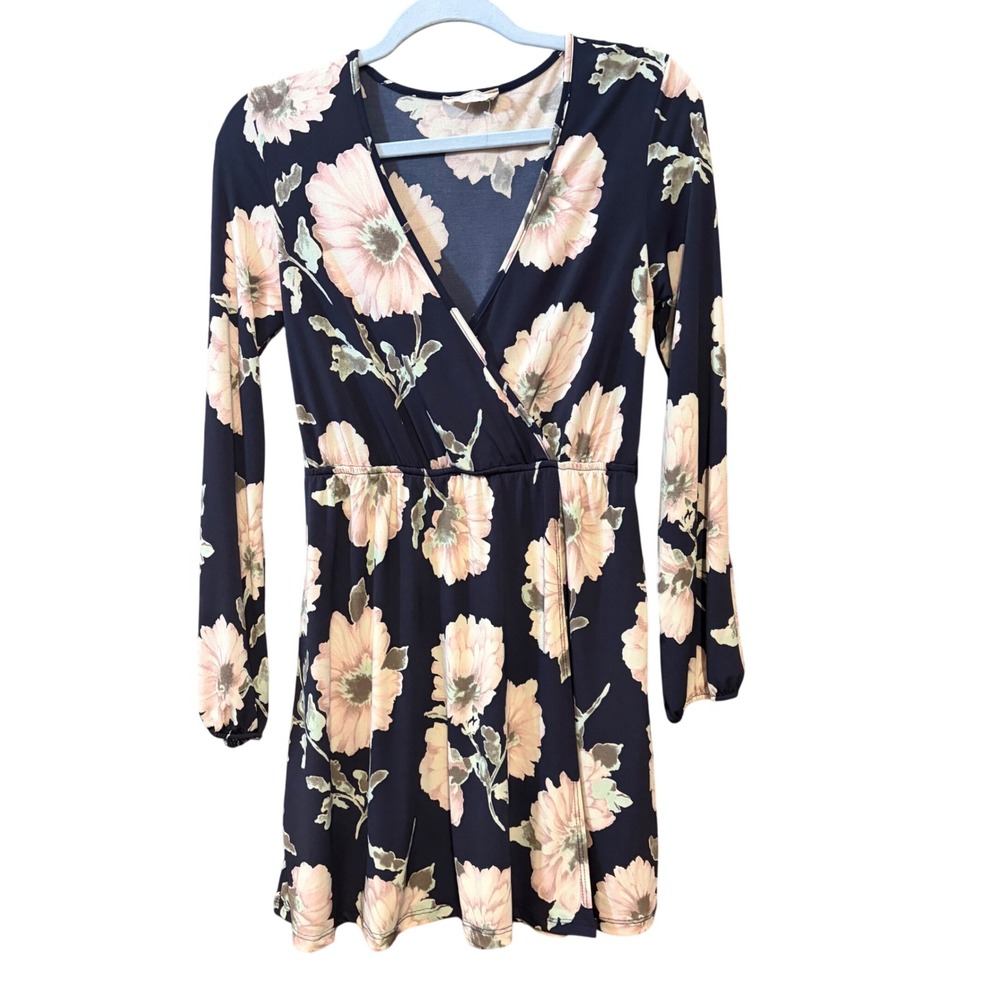 Altar'd State Navy Floral Long Sleeve Faux Wrap Mini Dress Small nwot